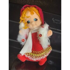 Vintage Felt Christmas Doll Ornament Red Hooded Girl Yellow Yarn Hair Sequins